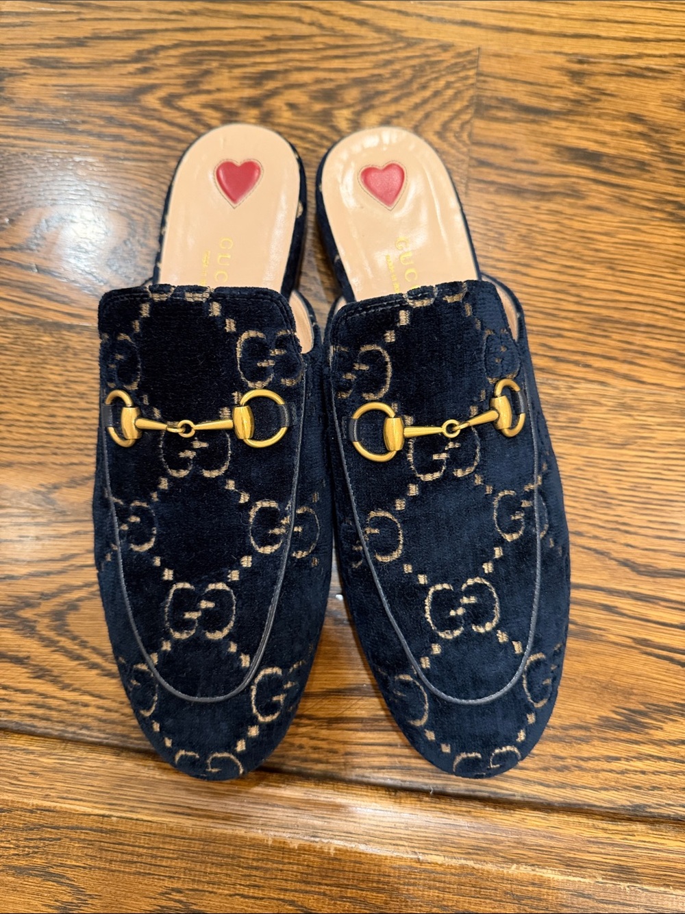 Gucci Black Velvet GG Horsebit Mule Slides with Gold Hardware